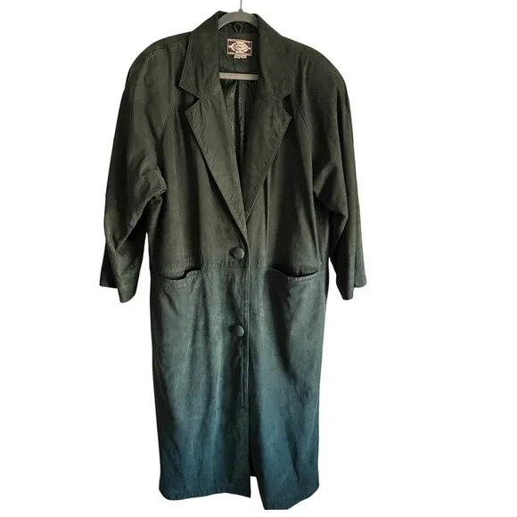 VTG Paris Sport Club Forest Green Suede Duster Coat M Oversized 80s 90s Korea - Picture 10 of 16